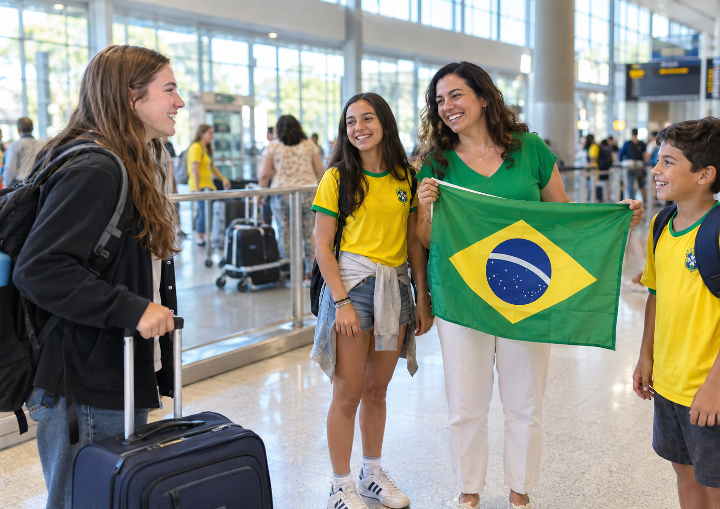 Brazilian host mother and children welcoming an American student at the airport Brazilian host mother and children welcoming an American student at the airport